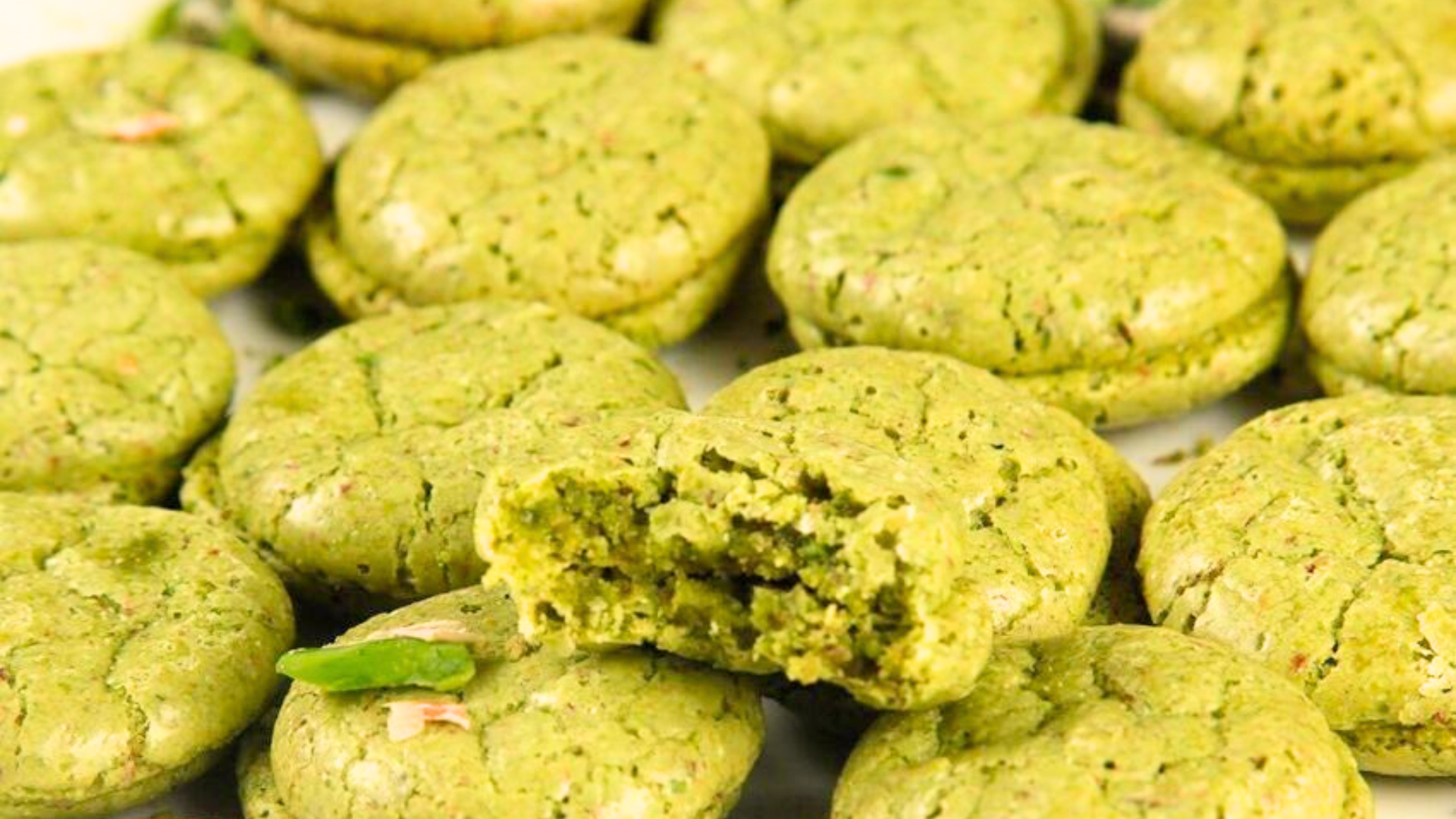 green pistachio meringue cookies made with pistachio flour, pistachio butter and egg whites