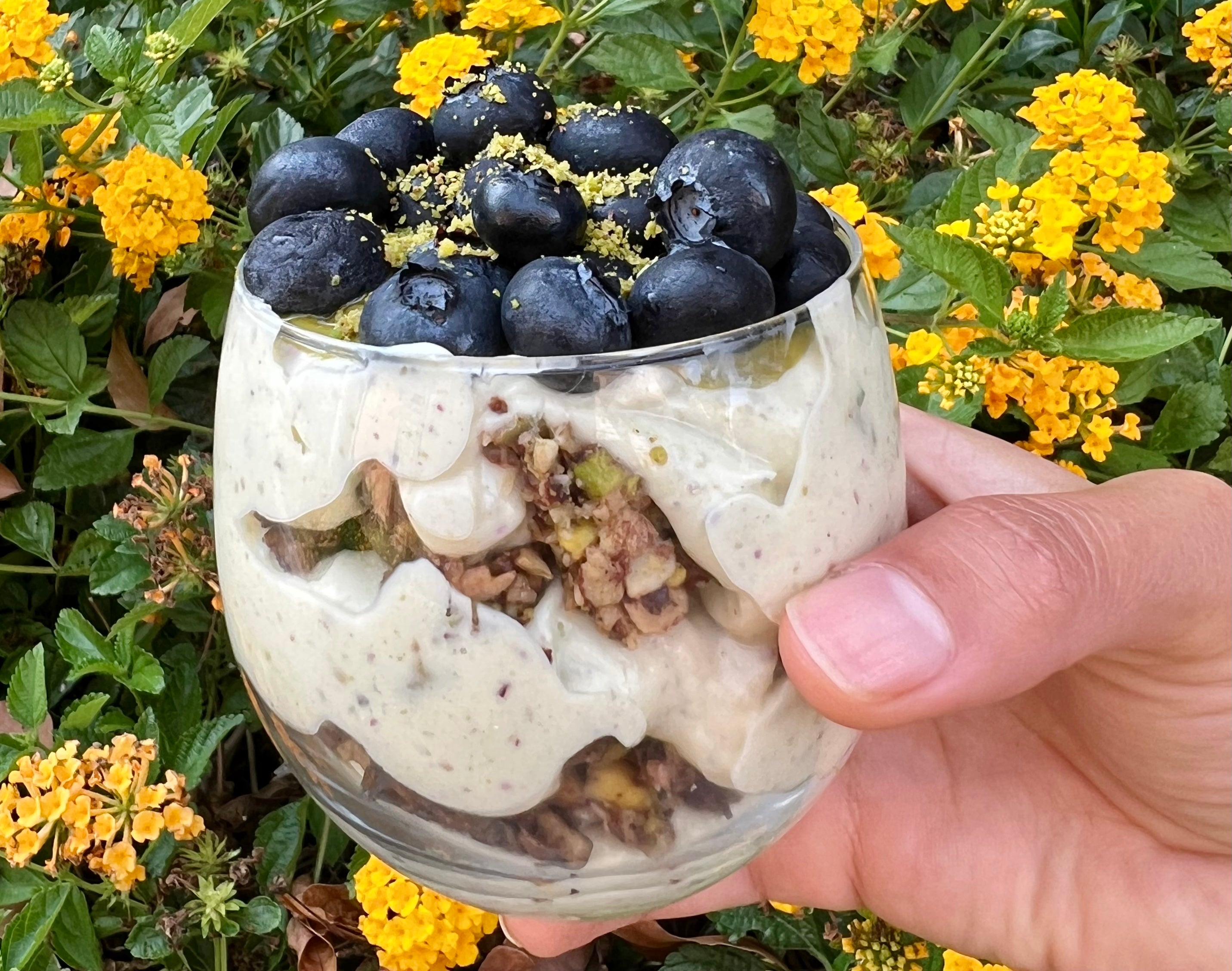 Image of a Pistachio Yogurt Parfait featuring layers of creamy yogurt, rich pistachio butter, crunchy granola, and fresh blueberries in a clear glass, garnished with a sprinkle of pistachios